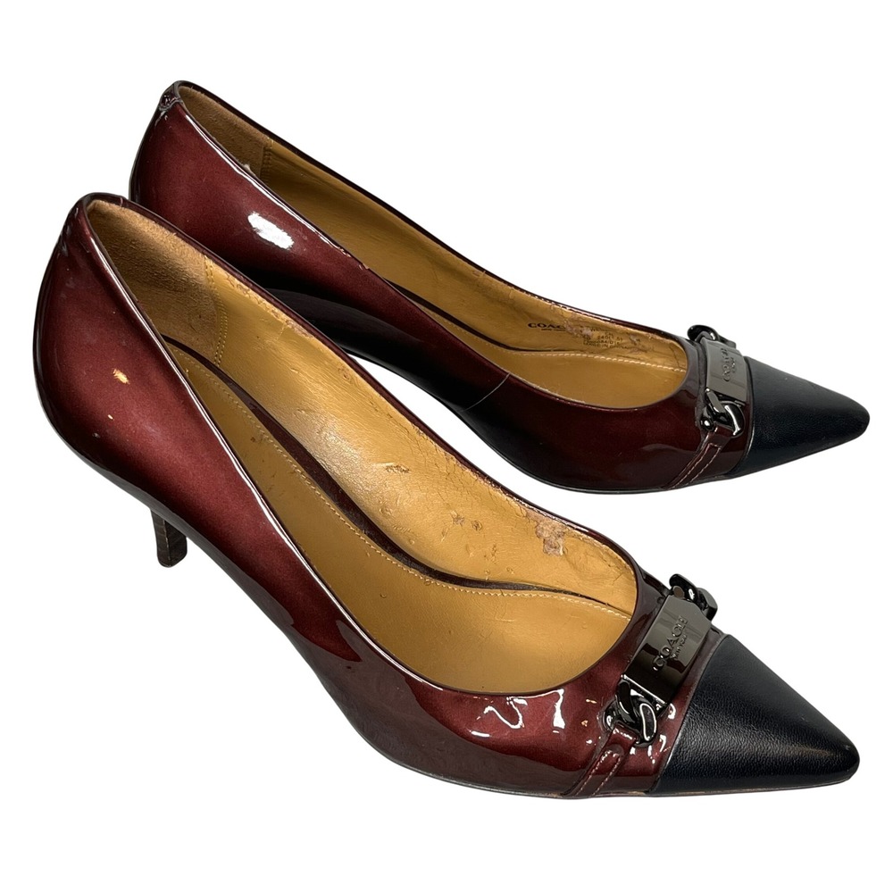 Coach Size 8B Bowery Pointed Toe Kitten‎ Heel Burgundy Patent Leather